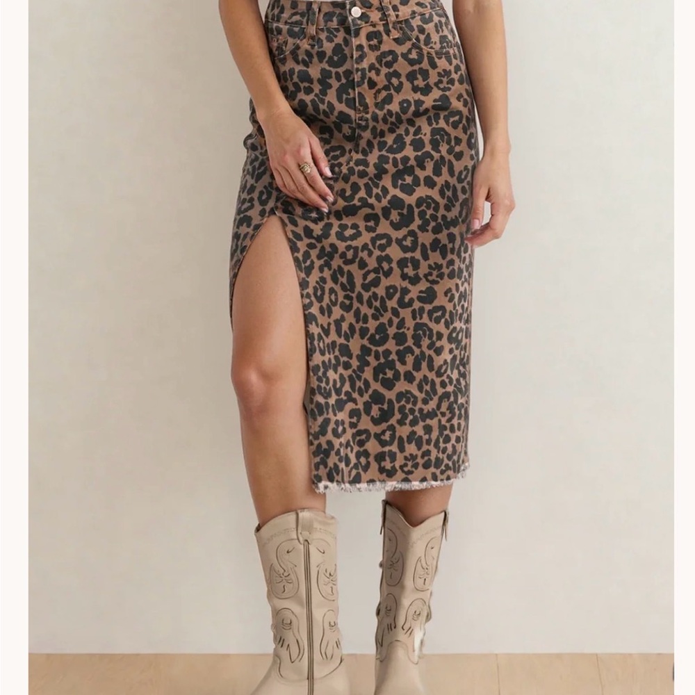 Leopard Frayed Denim Split Midi Skirt